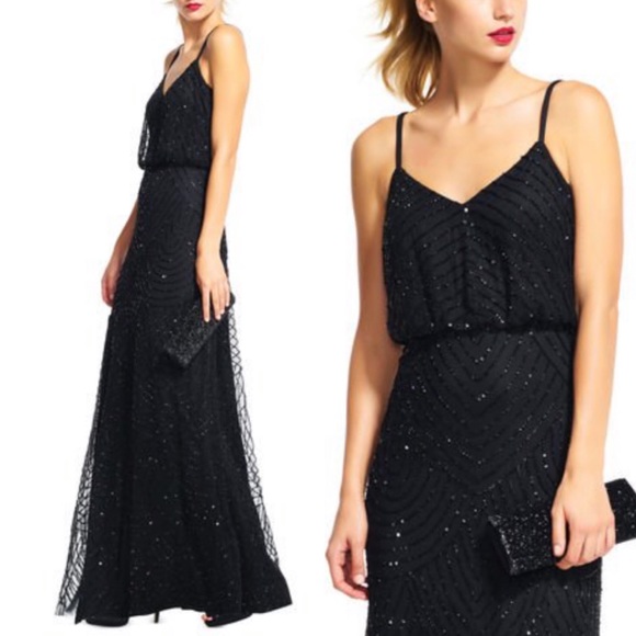 Adrianna Papell Blouson Black beaded long Dress - Picture 6 of 12